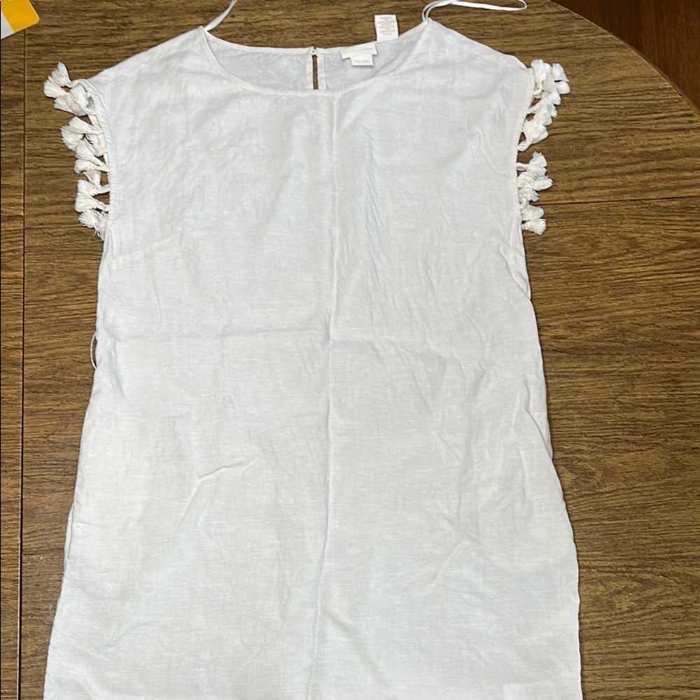 Rachel Ashwelk 100% linen White Sleeveless Top with Tassel Details